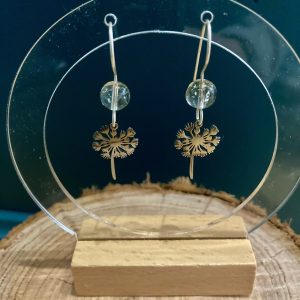 Hand-made Dandy earrings, hanging from hand-formed Argentium Silver hooks, with gemstones. Displayed on The Raffia Kat gift card