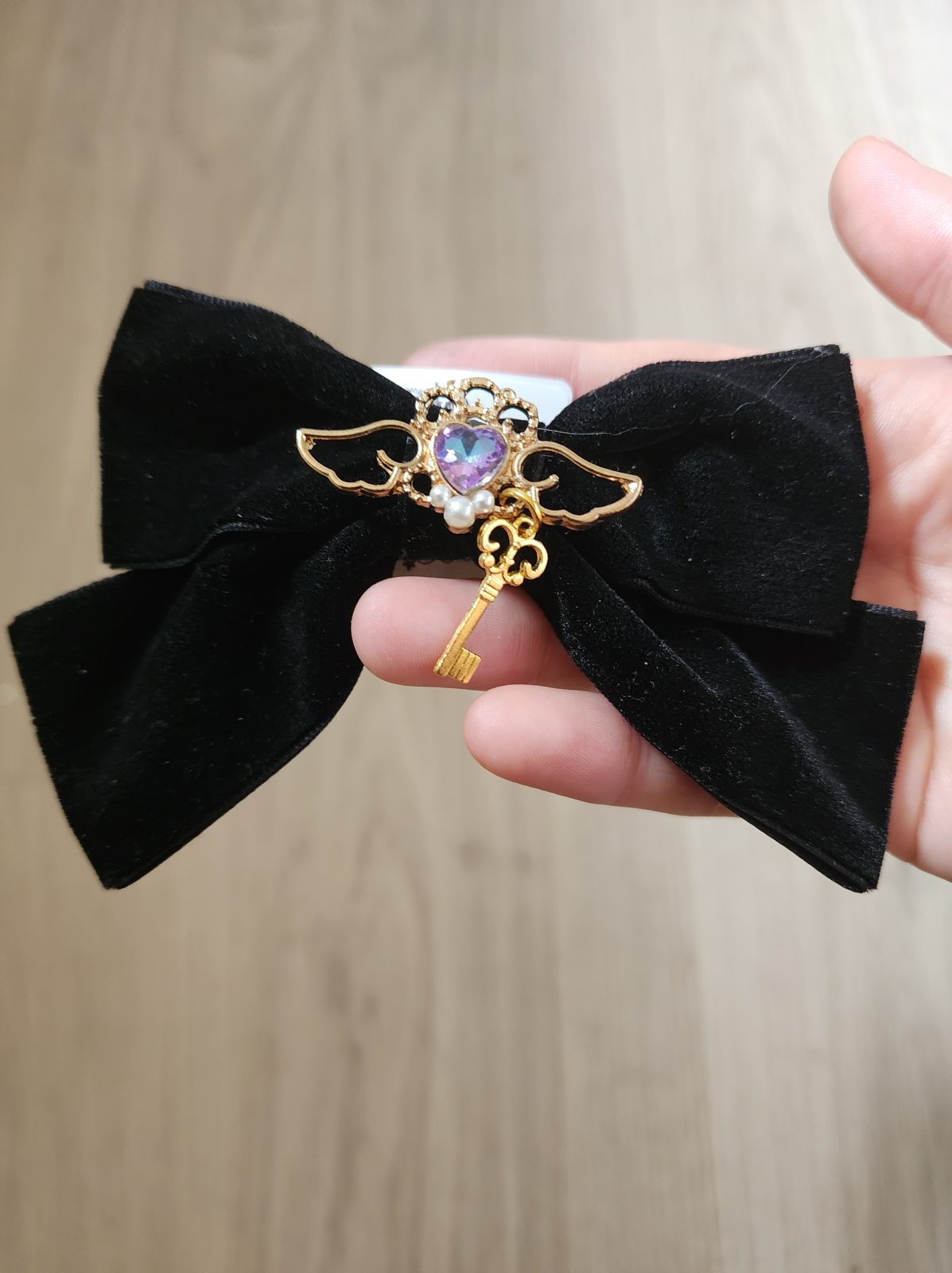 Gothic Small Bow Hair Clip Purple w/ Key Charm - Image 2