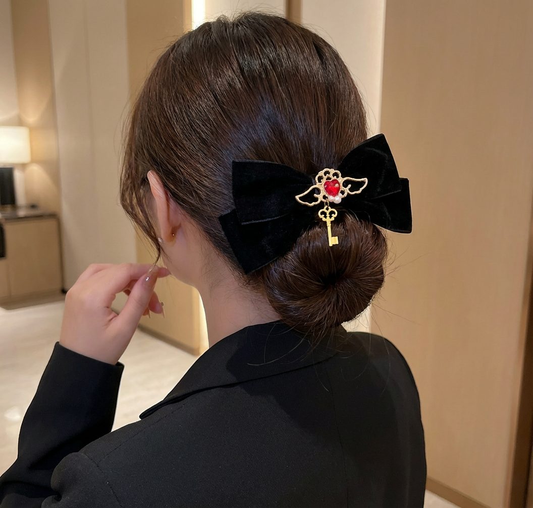 Gothic Small Bow Hair Clip Red w/ Key Charm