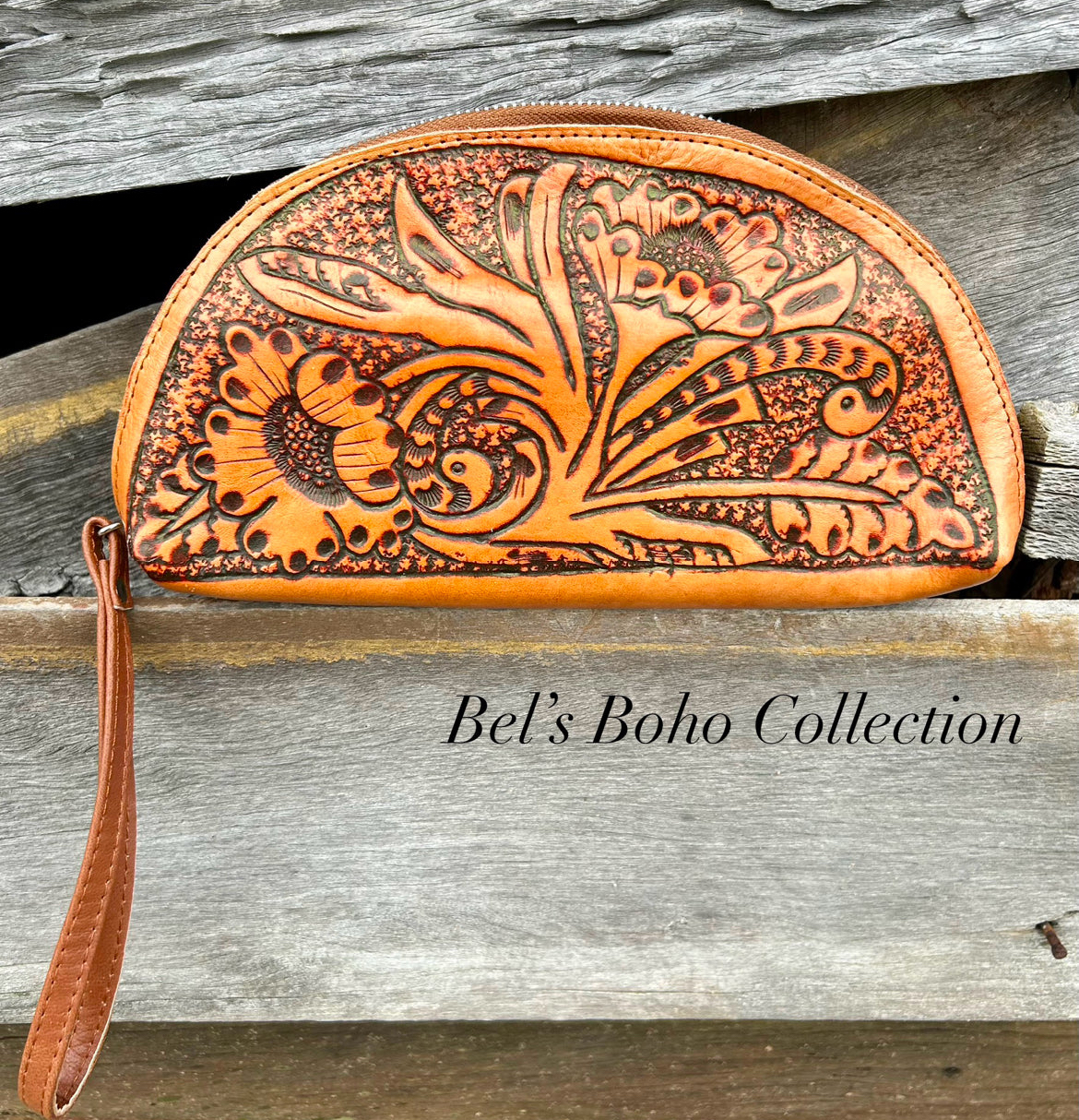 Hand-carved Half Moon Wallet & Clutch (Tan)