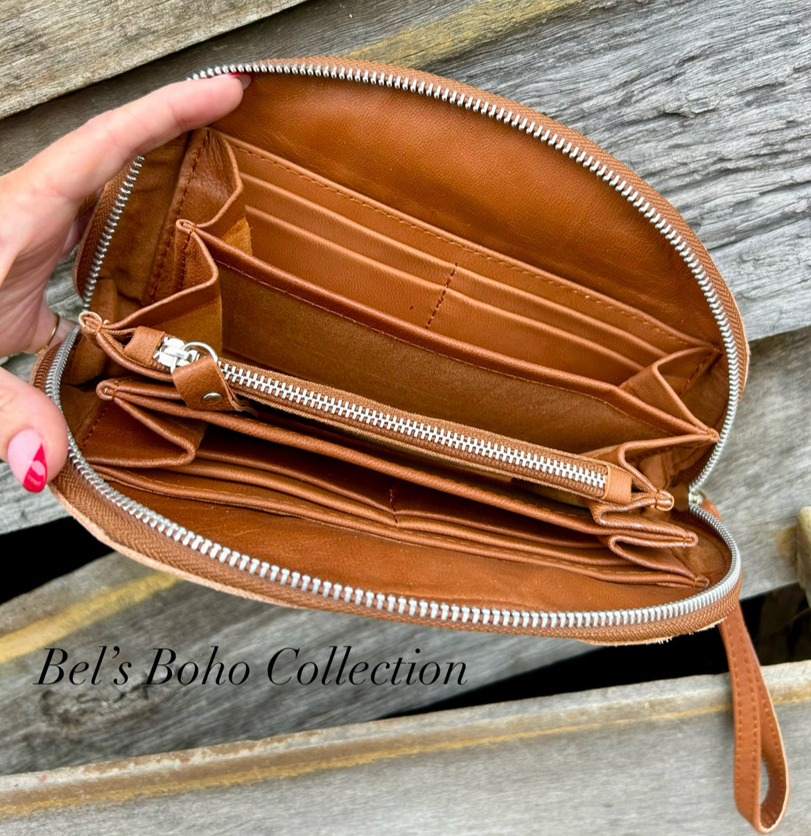 Hand-carved Half Moon Wallet & Clutch (Tan) - Image 2