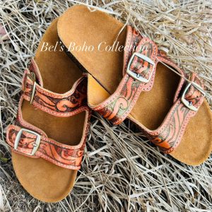 Hand-Tooled Leather Slides - Size 10