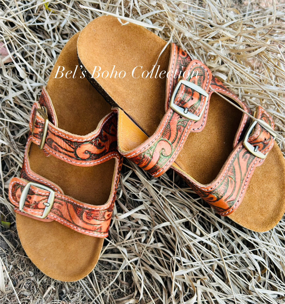 Hand-Tooled Leather Slides - Size 10