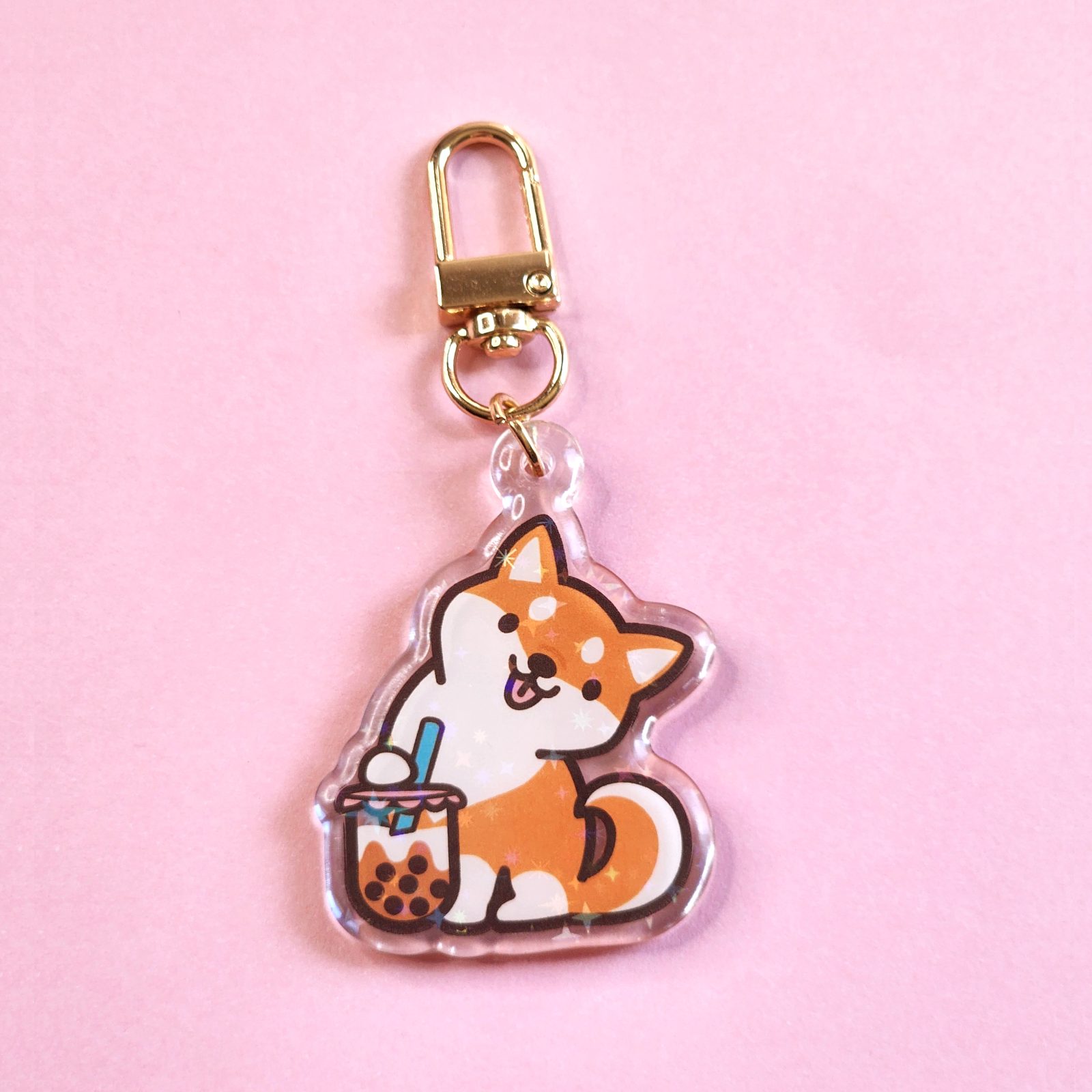 Shiba with Boba Tea Acrylic Bag Charm