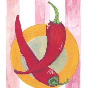 Two hot chilli 🌶️ on a plate on a stripe tablecloth