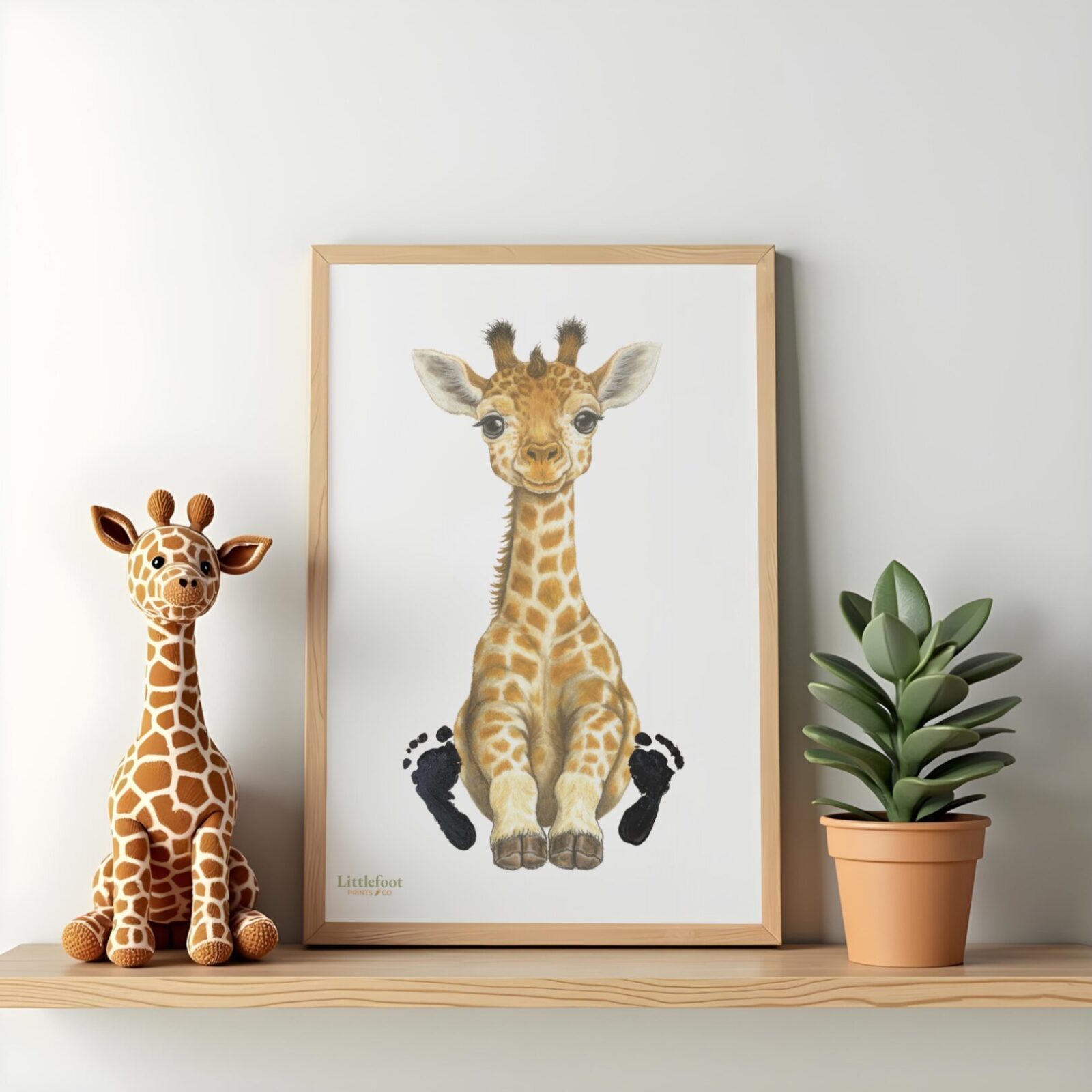 The giraffe print sitting on the shelf with a giraffe toy and a pot plant.