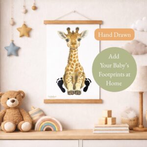 The print of the giraffe hanging on a wall in a child's room, with some words that say the giraffe is hand drawn and you add your baby's footprints to the image.
