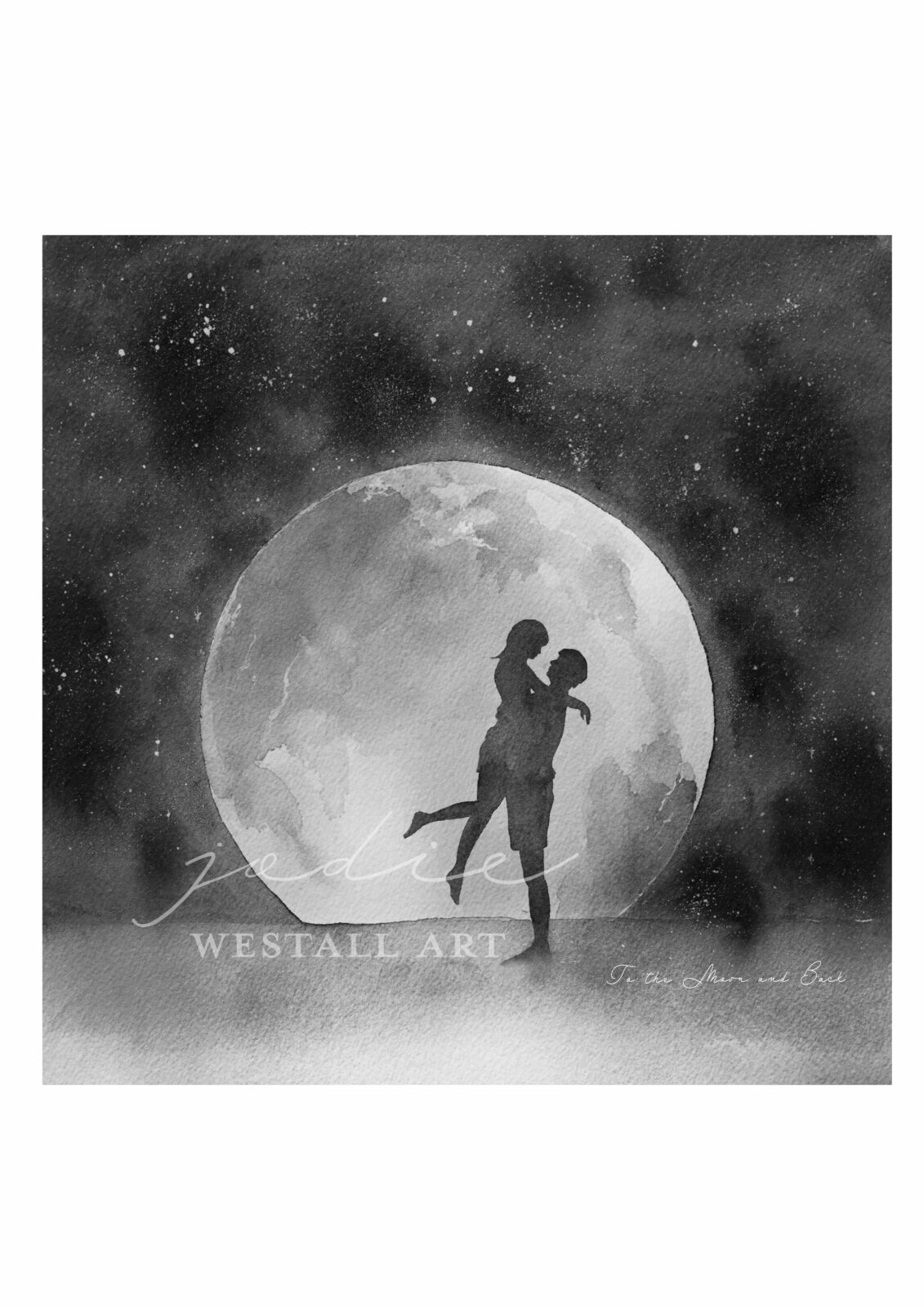 Illustration of a couple standing in front of the Moon by Jodie Westall