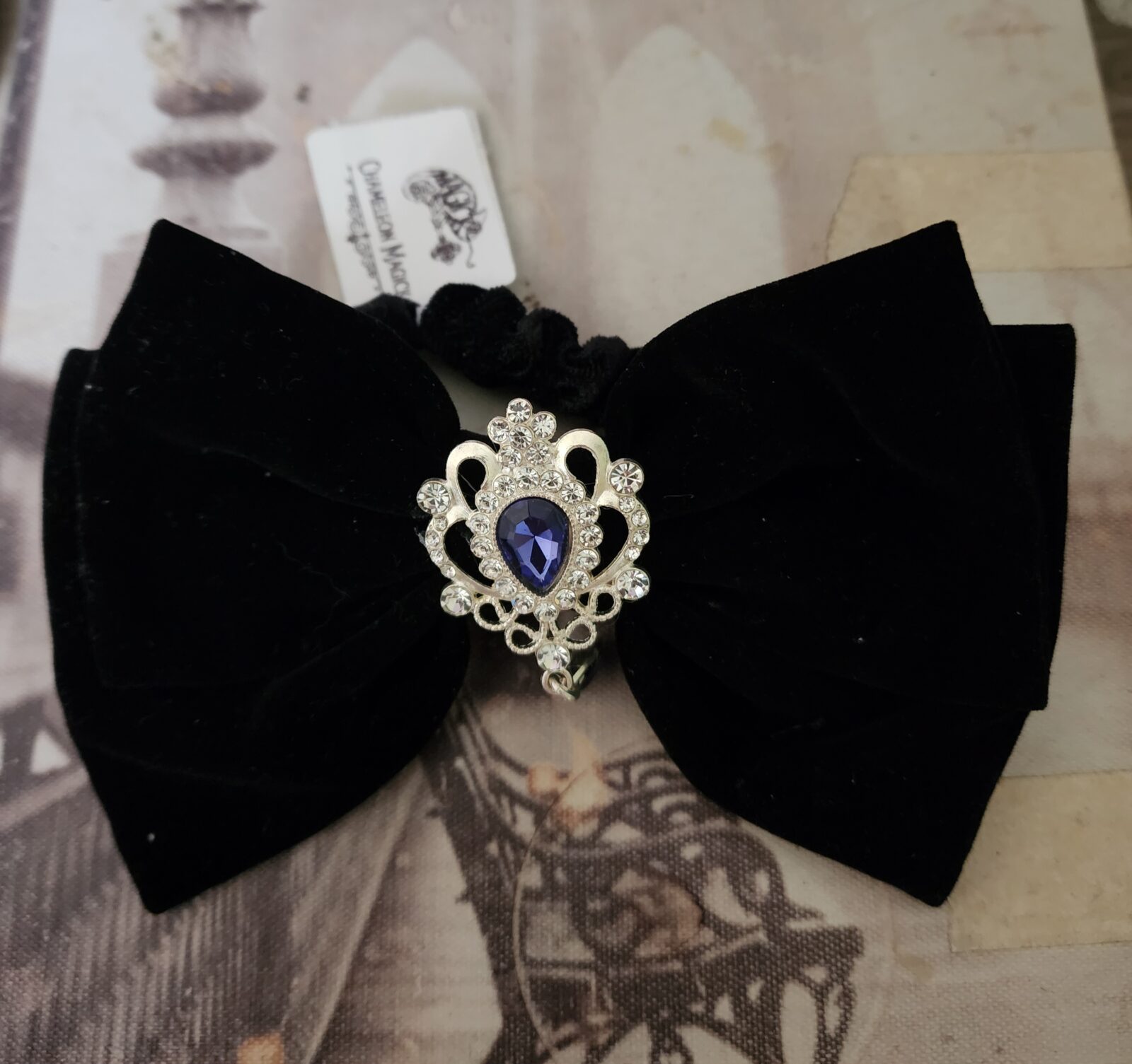Gothic Large Bow Scrunchie Navy with Dangle - Image 2