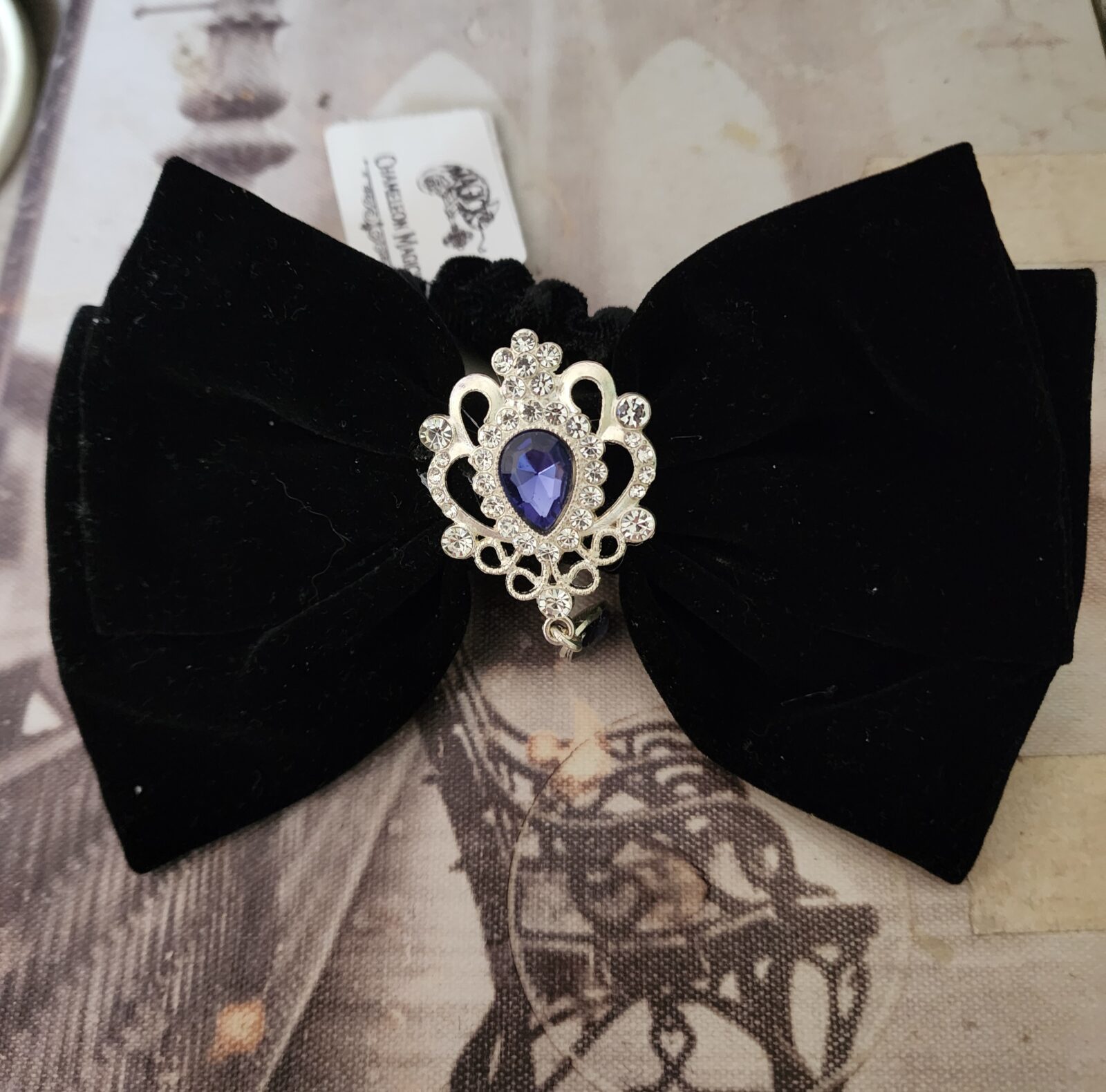 Gothic Large Bow Scrunchie Navy with Dangle