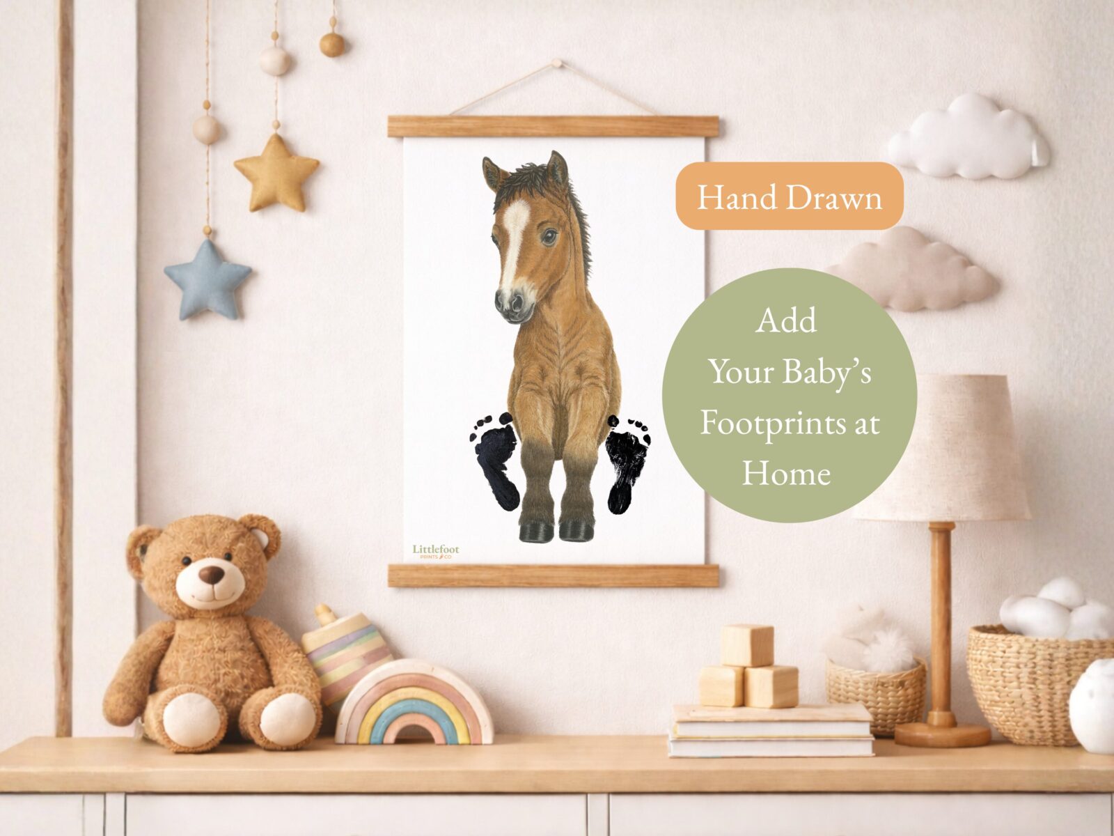 Hand Drawn Horse / Pony Print - Add Your baby's Footprints