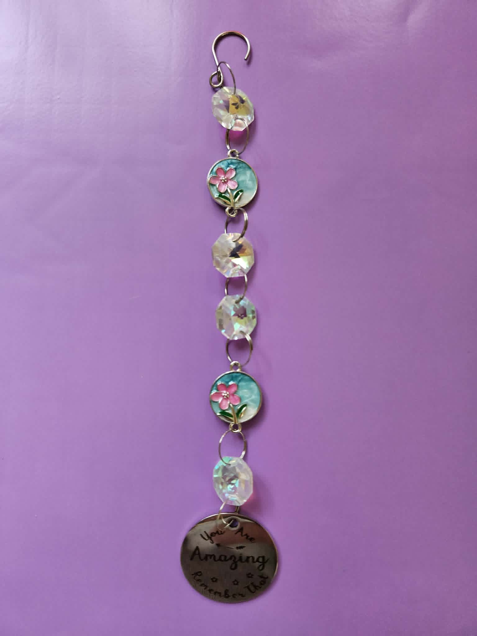 Medium suncatcher approx 20 cms inspirational flowers blue and pink